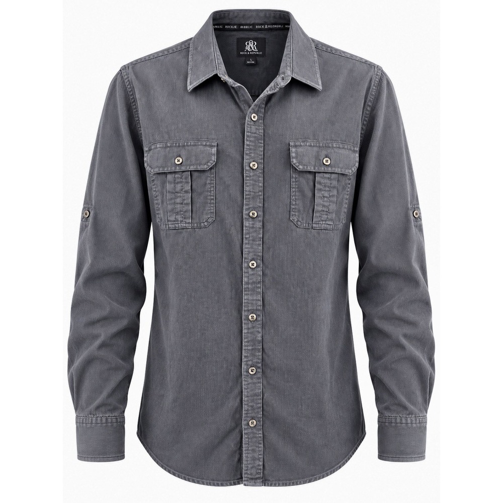 Rock & Republic Mens XXL Charcoal Gray Cotton Roll-Tab Button Down RN 73277